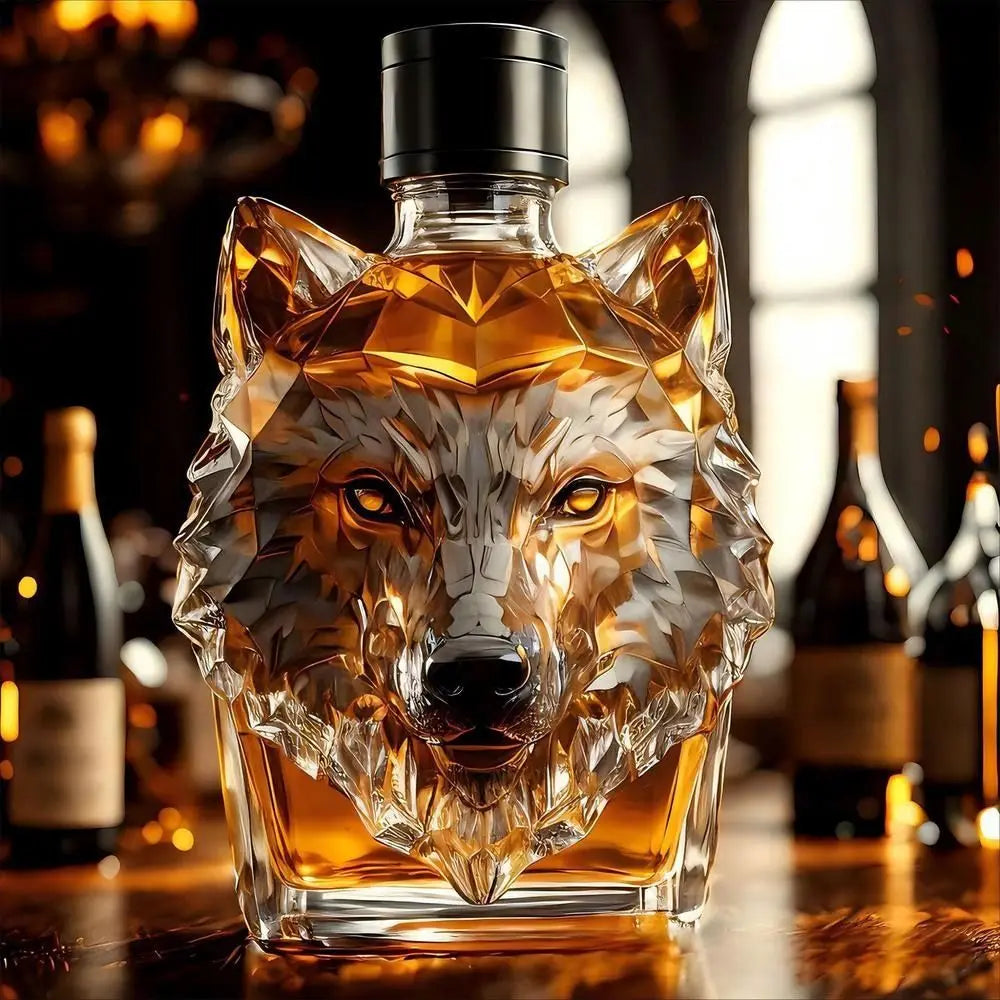 Unique Wolf Head Shape Whiskey Bottle 300 Ml Transparent Glass Decanter Sturdy with Cover Wine Glass Home Bar