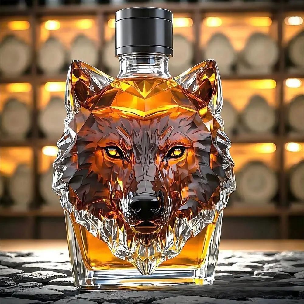 Unique Wolf Head Shape Whiskey Bottle 300 Ml Transparent Glass Decanter Sturdy with Cover Wine Glass Home Bar