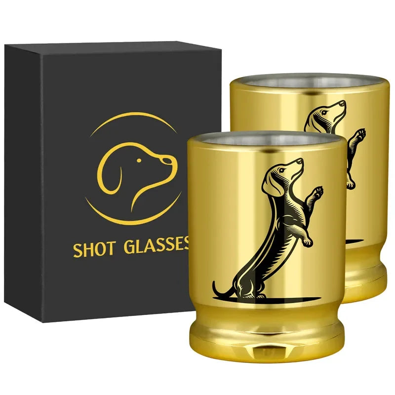 2pcs/set 3.2oz Dachshund Design 50 Caliber Bullet Shot Cups Golden Plastic Shot Glasses for Wedding Celebration Party Drinkware